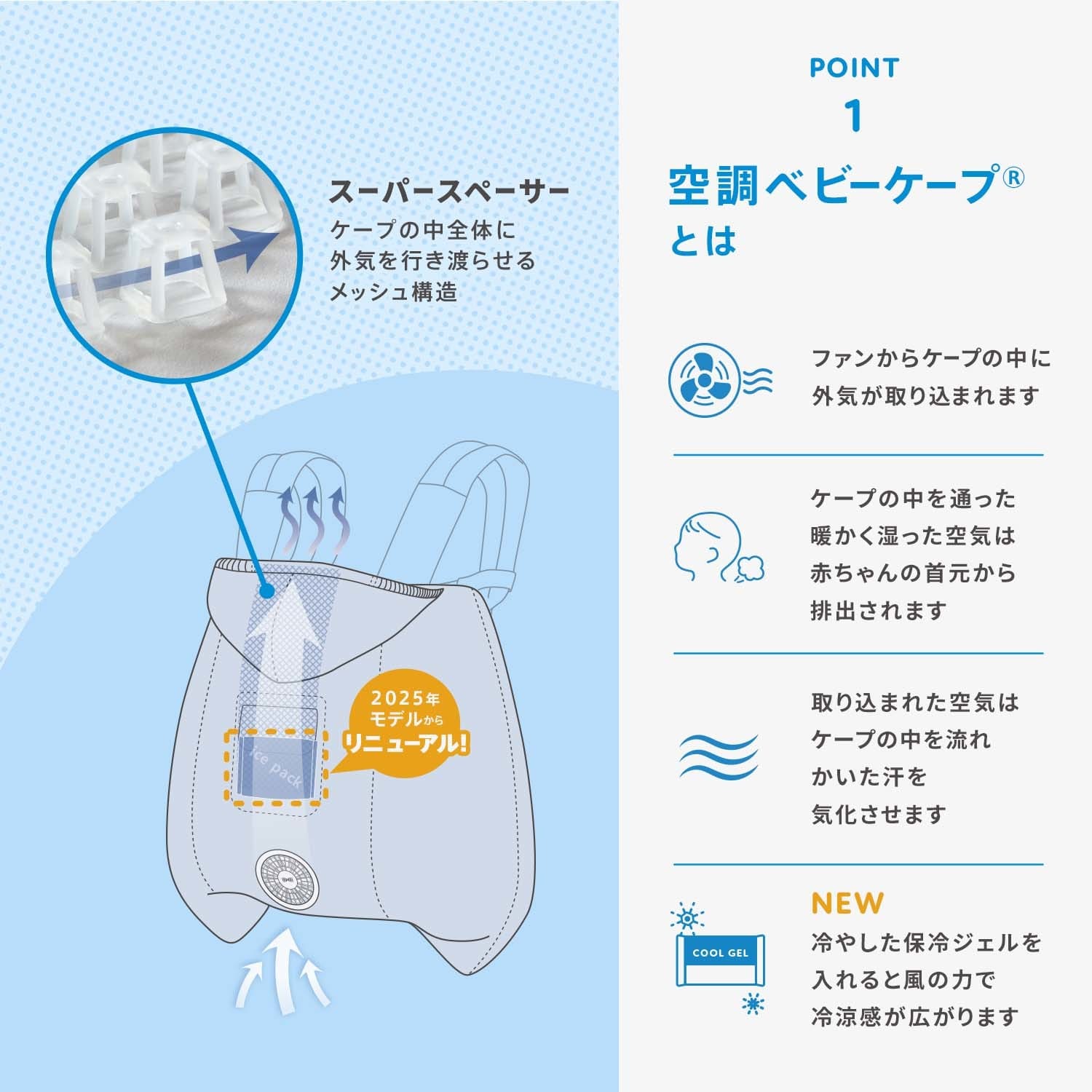 空調ベビーケープはケープの中に外気を行き渡らせるメッシュ構造