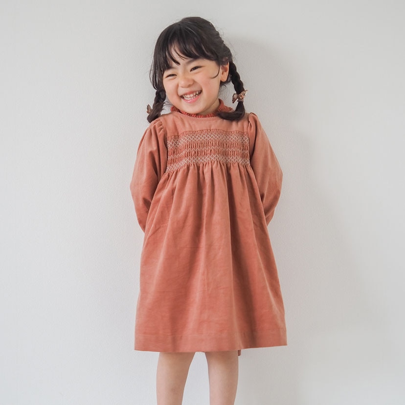コール天 スモッキング刺繍 ワンピース/テラコッタ(90
