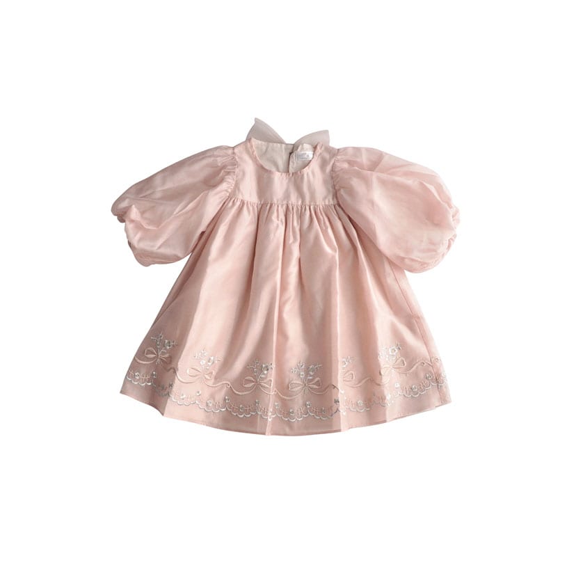 裾刺しゅう シアーパフ ワンピ/S/パウダーピンク