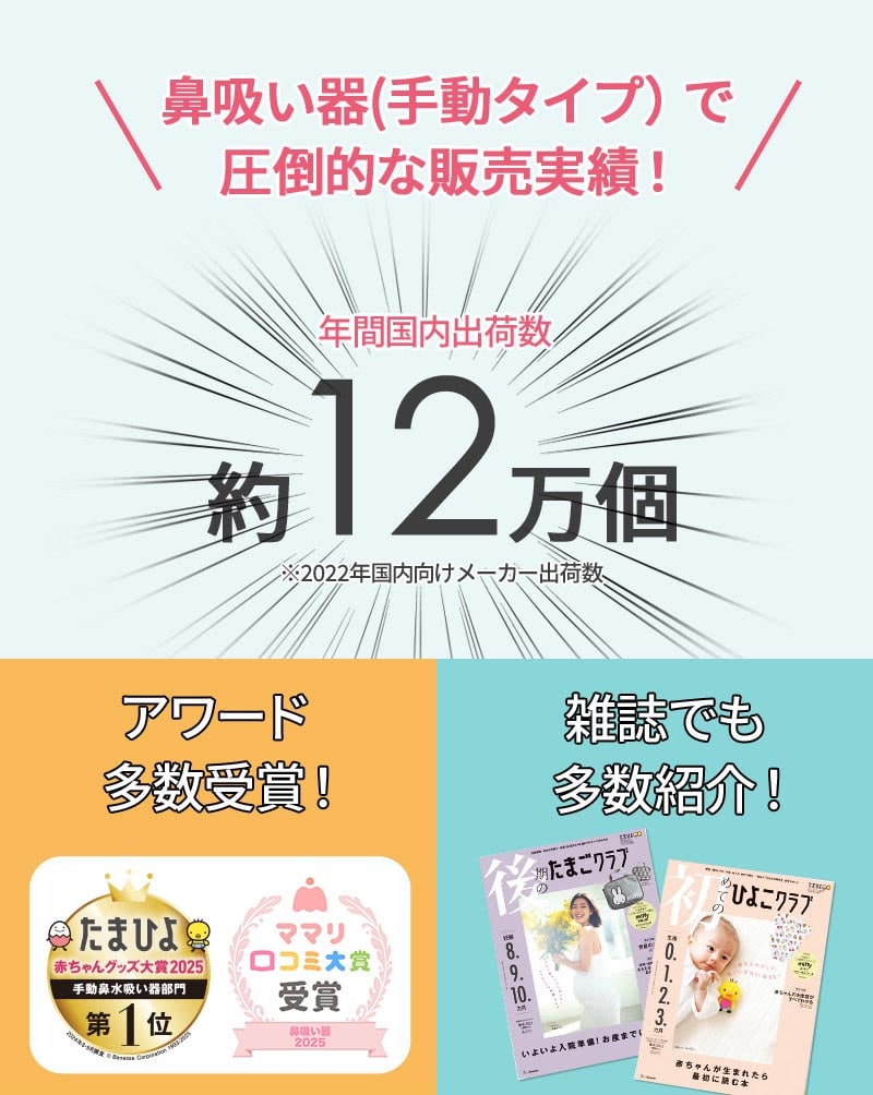 手動タイプの鼻吸い器で年間国内出荷数約12万個　たまひよ1位　ママリ口コミ大賞受賞